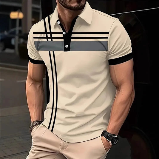 Men’s Summer Slim Fit Polo Shirt – Short Sleeve, Color Block, 3D Print