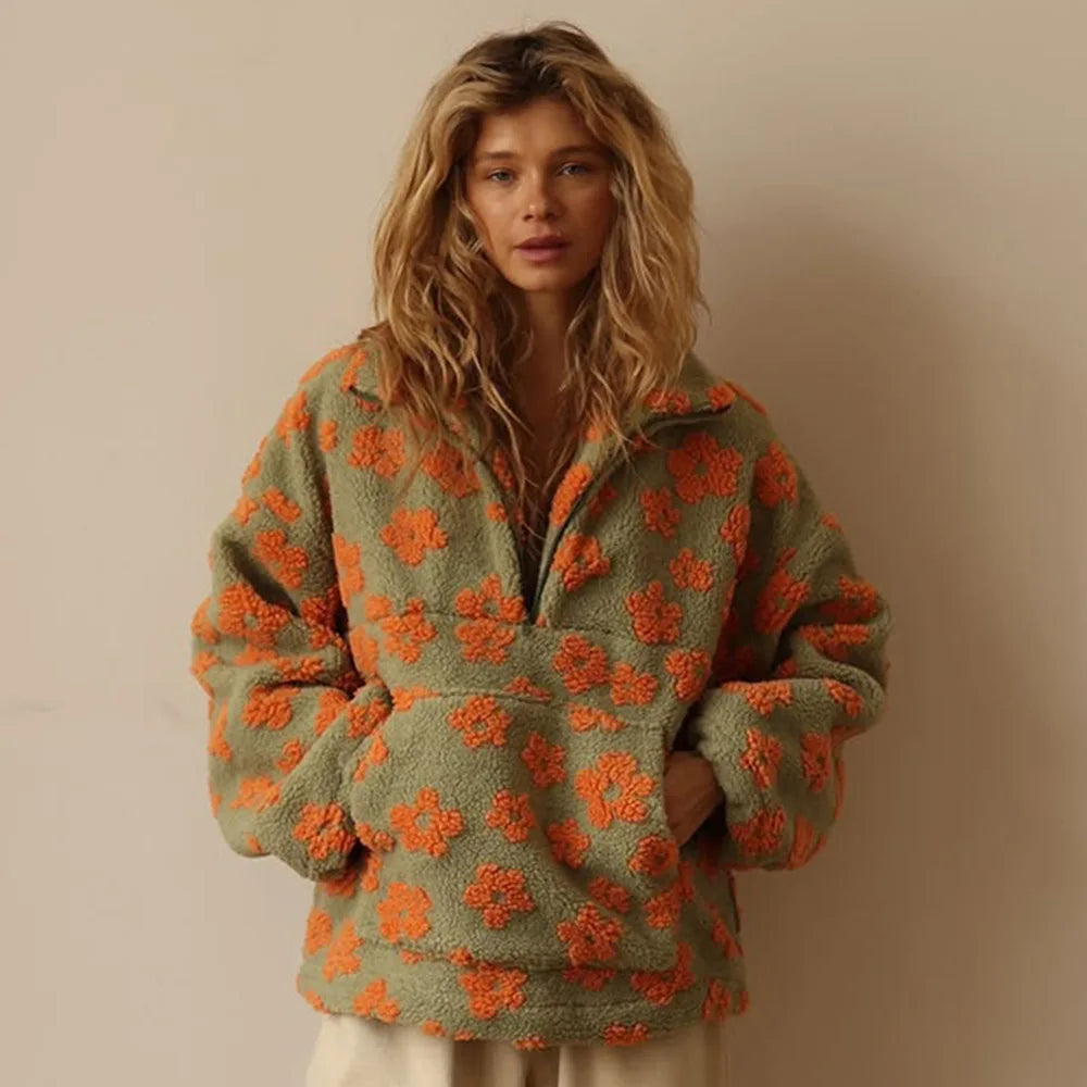 2025 New Fashion Printed Zipper Turtleneck Sweatshirt Women In Winter Casual Flower Pocket Long Sleeve Fur Shirt For Women