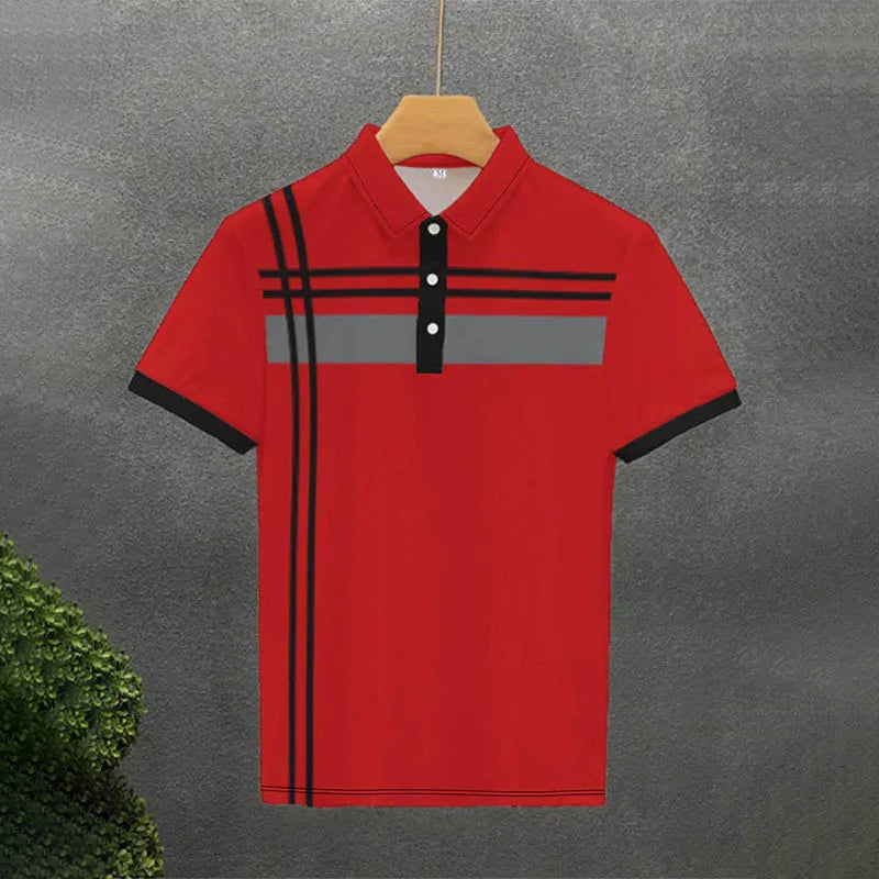 Men’s Summer Slim Fit Polo Shirt – Short Sleeve, Color Block, 3D Print