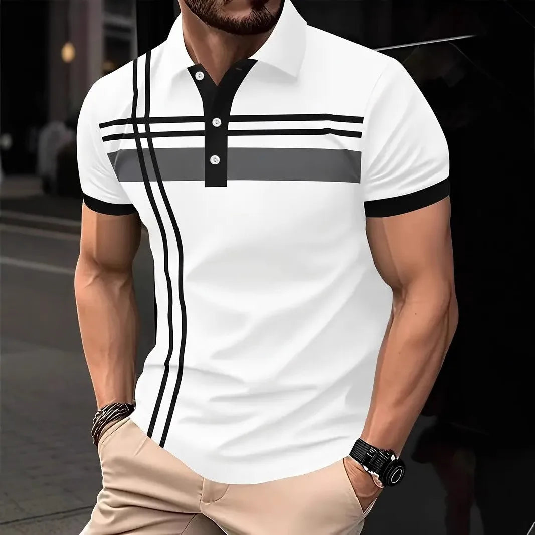 Men’s Summer Slim Fit Polo Shirt – Short Sleeve, Color Block, 3D Print