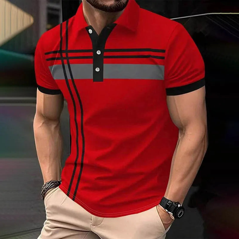 Men’s Summer Slim Fit Polo Shirt – Short Sleeve, Color Block, 3D Print