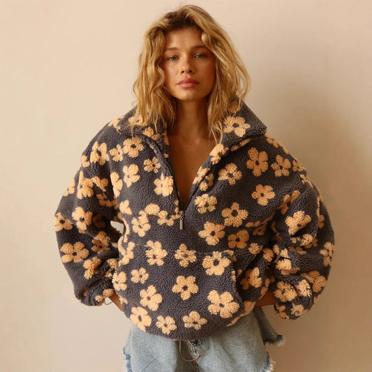 2025 New Fashion Printed Zipper Turtleneck Sweatshirt Women In Winter Casual Flower Pocket Long Sleeve Fur Shirt For Women