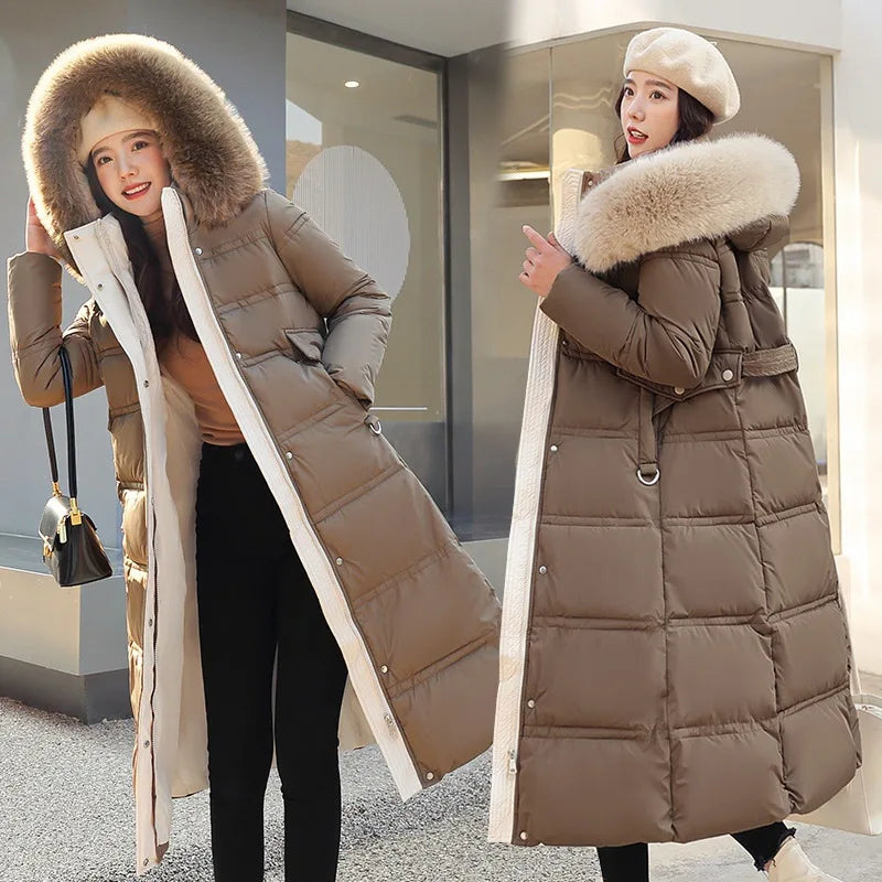 Women Long Coats Parkas Hooded Fur Collar Jackets Thick Warm Y2k Streetwear Elegant Jacket Work Coat High Waist Autumn Winter