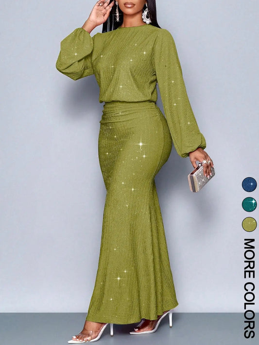 New Fashion Hot Bead Piece Women's Dress Autumn Long Sleeve Fish Tail Skirt Pleated Temperament Folds Slim Bodycon Party Dresses